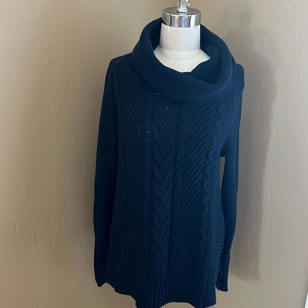 Navy blue cowl cable knit sweater
tunic length 
side slits